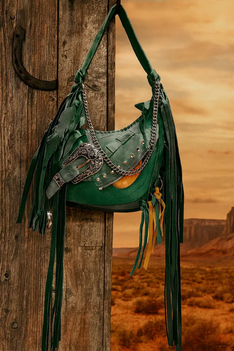 bolso artesanal piel verde