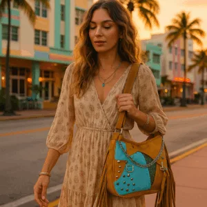 bolso turquesa y camel